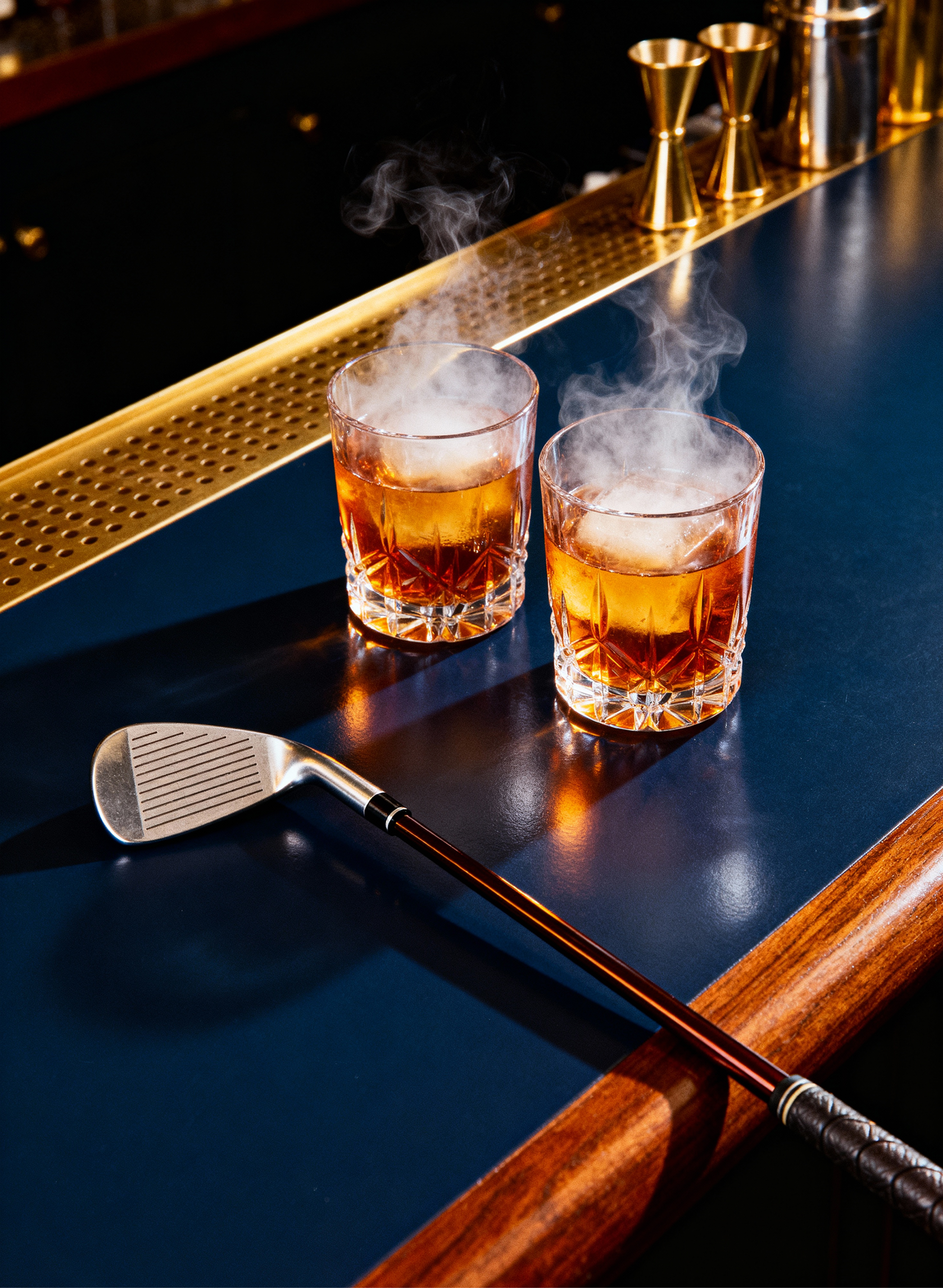 Glassware and a club on the bar counter at Wood Lane